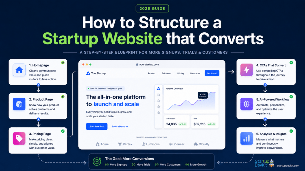 Infographic showing a startup website conversion blueprint for 2026 with key areas including homepage structure, product pages, pricing, visual hierarchy, AI workflows, and analytics.