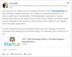 StartupDevKit LinkedIn Post CTO Search Example