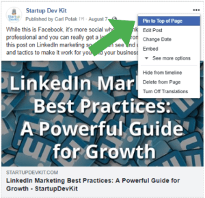 Pin facebook post to top of page - part of facebook marketing strategies post for startups