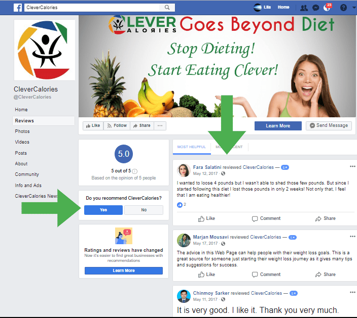 Example of Facebook page reviews - https://myCleverCalories.com