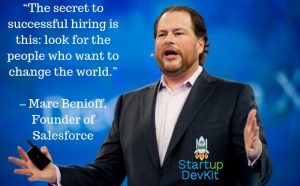 startup quote: "the secret to successful hiring is this: look for the people who want to change the world." - Marc Benioff