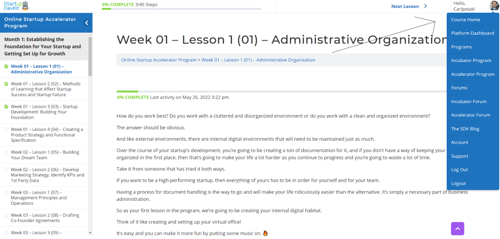 Focus mode with user menu