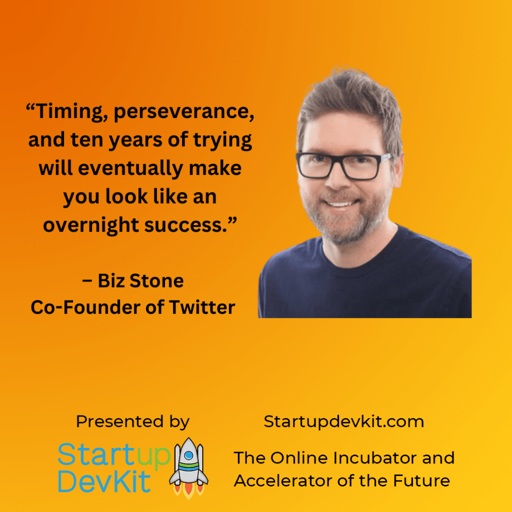 “Timing, perseverance, and ten years of trying will eventually make you look like an overnight success.” - Biz Stone, Co-Founder of Twitter