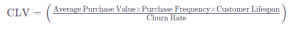 Customer Lifetime Value (CLV) = ((Average Purchase Value × Purchase Frequency × Customer Lifespan) / Churn Rate)
