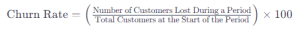 Churn Rate = (Number of Customers Lost During a Period / Total Customers at the Start of the Period) × 100
