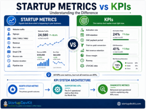 Startup Metrics vs KPIs infographic comparing startup metrics, key performance indicators, and KPI system architecture