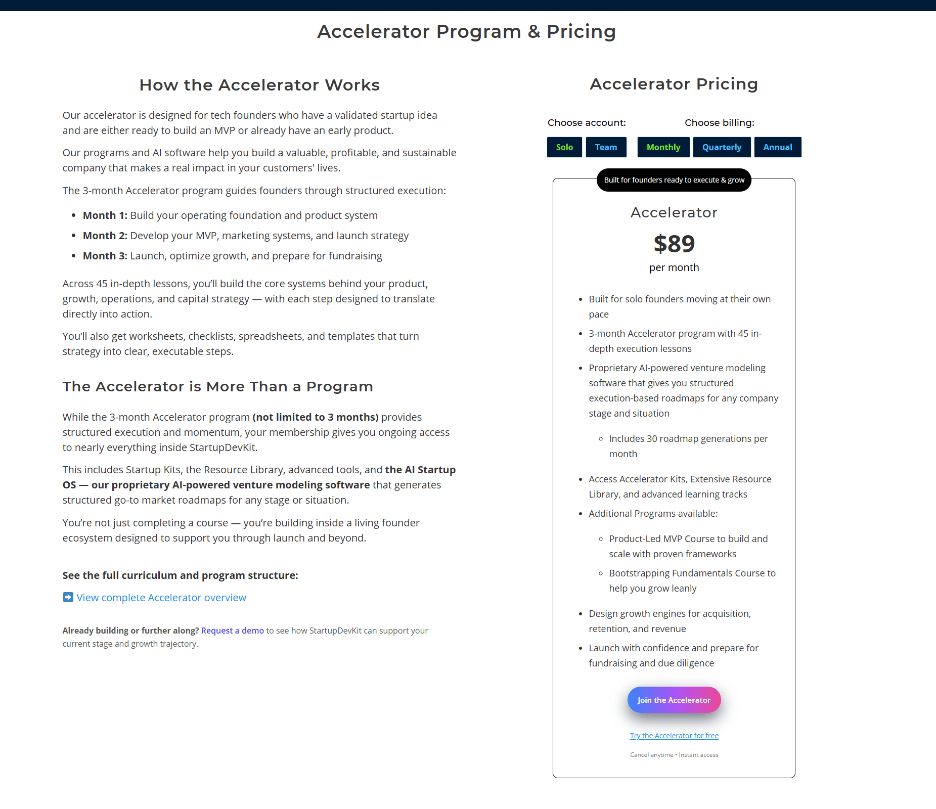 StartupDevKit accelerator pricing section showing account selection, billing frequency options, plan benefits, and calls to action on the membership plans page