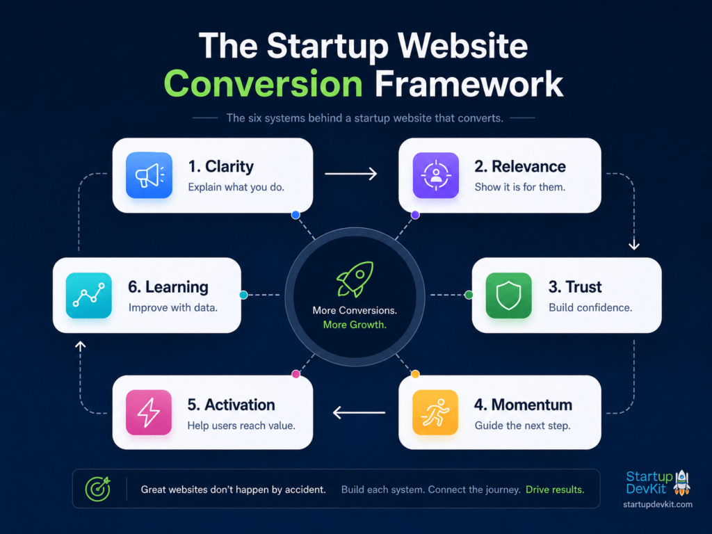 The six systems behind a startup website that convers: 1: clarity - explain what you do. 2: relevance - show it is for them 3: trust - build confidence 4: momentum - guide the next step 5. activation - help users reach value 6. Learning - improve with data